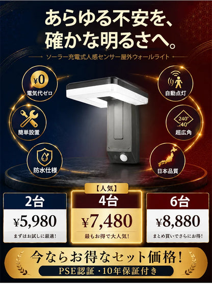 ソーラー充電式人感センサー屋外ウォールライト